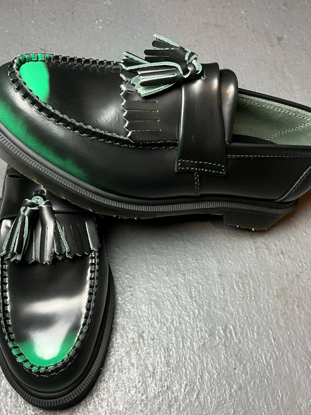 Dr. Martens Black Loafers with Green Toe Accent and Tassels